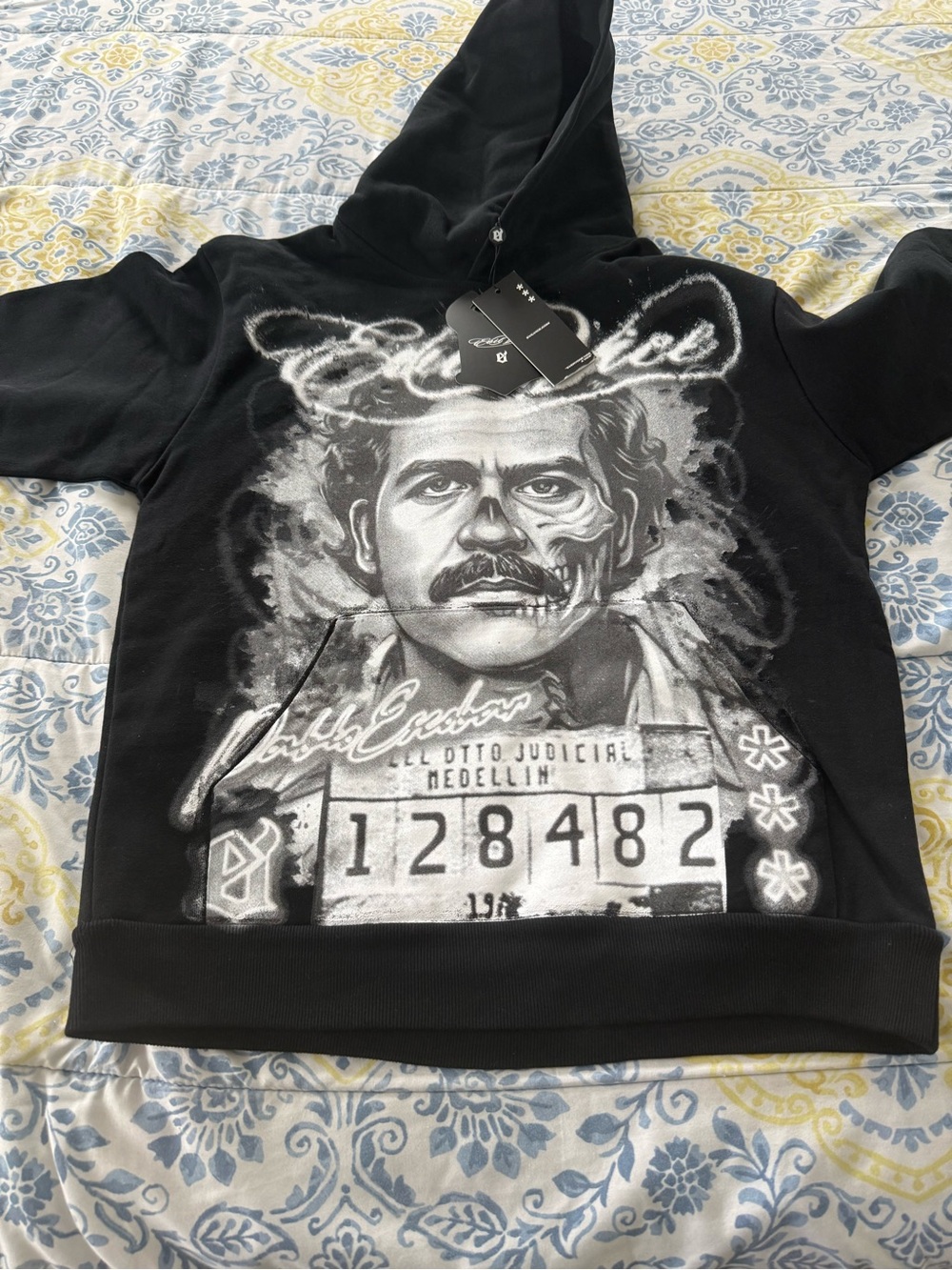Black Graphic Zip-Up Hoodie with Monochrome Portrait